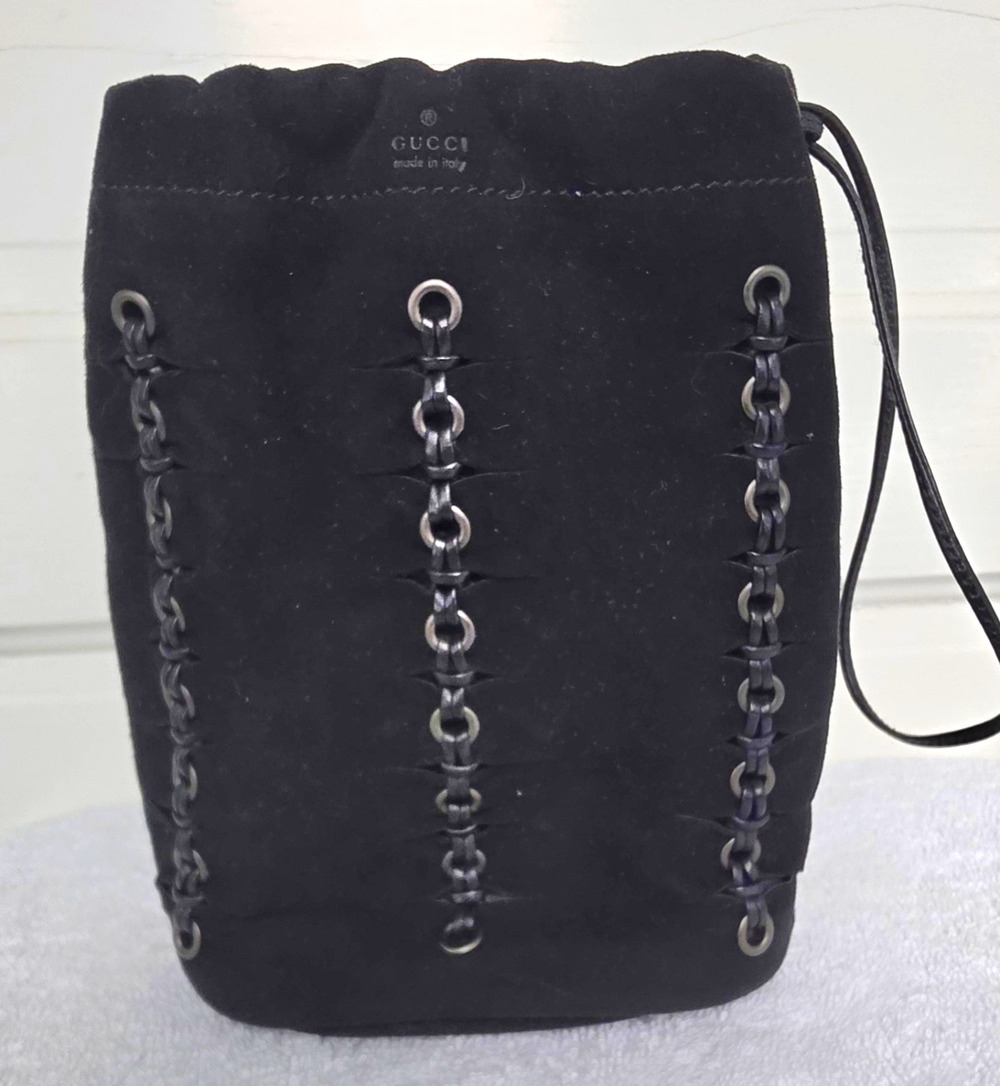 Gucci Black Suede Eyelet Drawstring Bag Shoulder Strap Silver Hardware w/COA